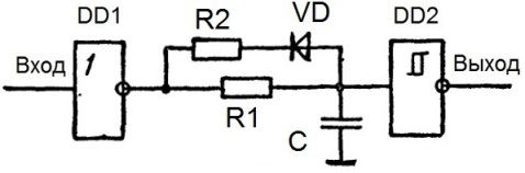 
          Простая RC-цепь для задержки прямоугольных импульсов